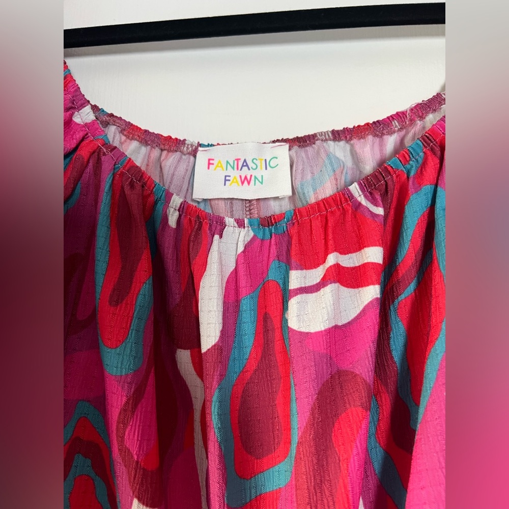 Fantastic Fawn Gathered Puff Sleeve Multi Color Blouse Pink White Teal Medium - Picture 6 of 10